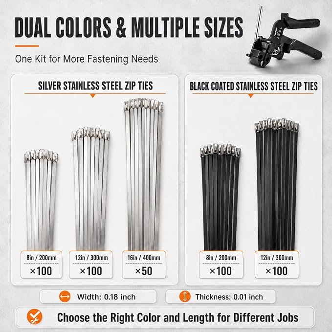 450Pcs Metal Zip Ties Gun Kit, Silver 8/12/16in & Black 8/12in Stainless Steel Zip Ties, Heavy Duty Cable Tie Fastening Cutting Tool Set with Organizer, Gloves, Storage Bag for Fence, Exhaust Wrap