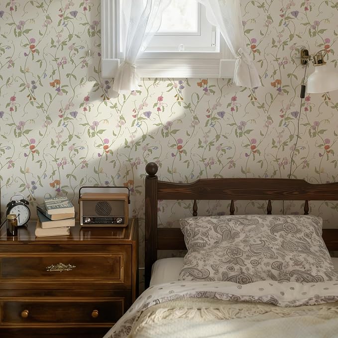 17.3" x 393.7" Vintage Wallpaper Peel and Stick Beige Floral Wallpaper Leaf Contact Paper Vinyl Waterproof Self Adhesive Boho Botanical Wall Paper for Bedroom Shlef Cabinet Decor