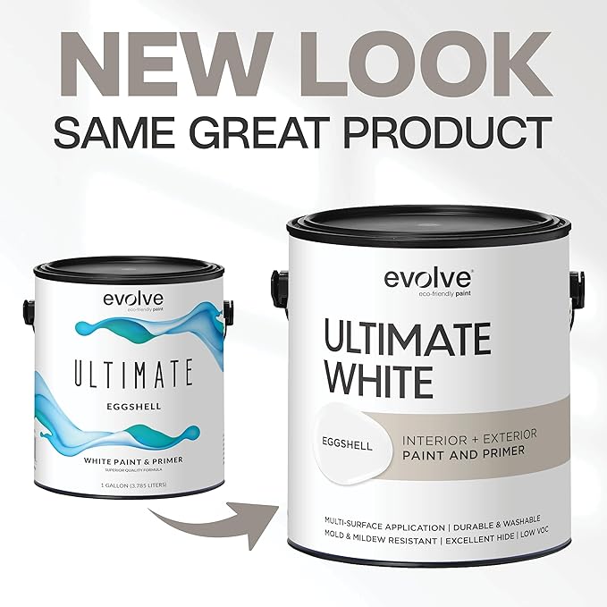 EVOLVE Ultimate White Paint & Primer in One, Eggshell White, 1 Gallon – Interior & Exterior, One-Coat Coverage, Excellent Hide, Low Odor, Low VOC, Washable Paint for Walls, Ceilings & Trim