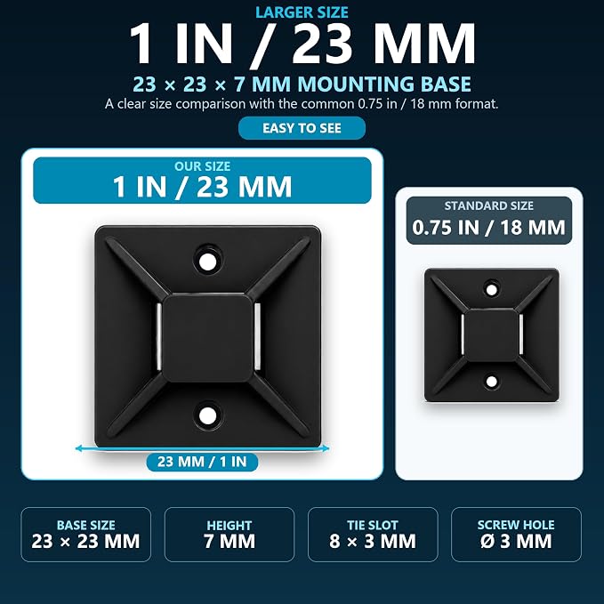1" Adhesive Cable Tie Mounts – Strong Sticky Back Nylon Wire Holders for Cable Management in Home, Office, Car & Christmas Lights (BLACK-500)