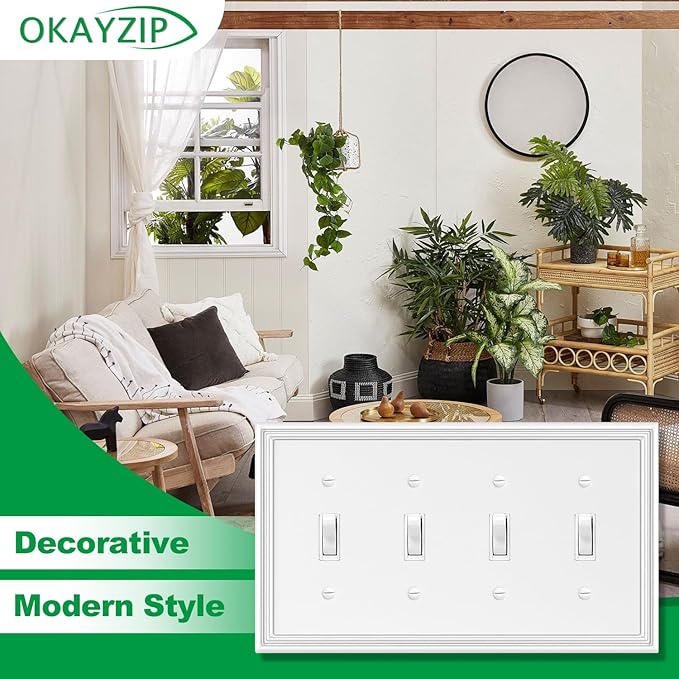 White Decorative Quad Toggle Light Switch Covers Wall Plate, Natural Material Switch Plate Covers - Modern Style (4 Gang Toggle 1 Pack)
