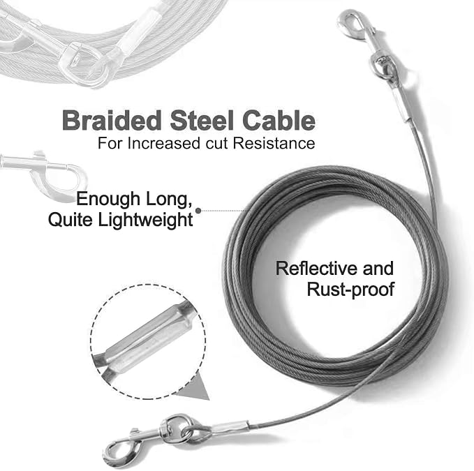 Tie Out Cable for Dogs,10/20/30/50/100FT Dog Leads for Yard Chew Proof,Heavy Duty Tie Out Cable for Large Dogs Up to 125lbs,Dog Runner Tether (Transparent Black, 125Ibs 30ft)