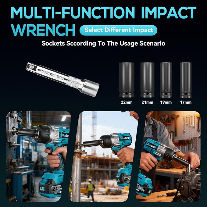 1/2 Inch Cordless Impact Wrench, 900 Ft-lbs (1200 N·m) High Torque Brushless Impact Driver Gun, 2300 RPM, 2×4.0 Ah Batteries, LED Light, 4 Sockets, Variable Speed Power Tool for Car & Tire Removal