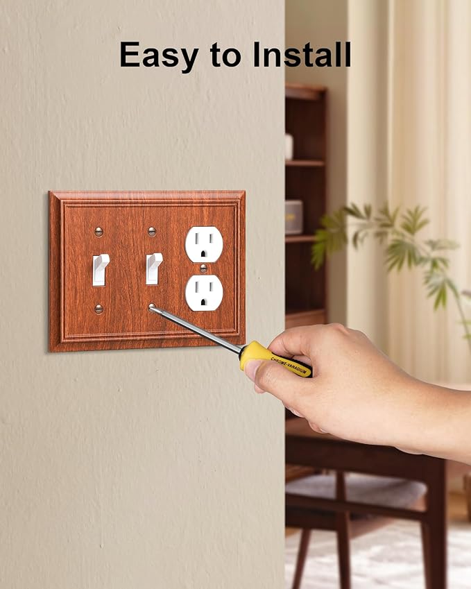 2-Pack Combo Double Toggle/Duplex Outlet Covers, Wood Grain Switch Plates and Outlet Covers, Natural Bamboo Fiber Wall Plates for Electrical Outlets, 3 Gang Receptacle Cover, Corrosion Resistant