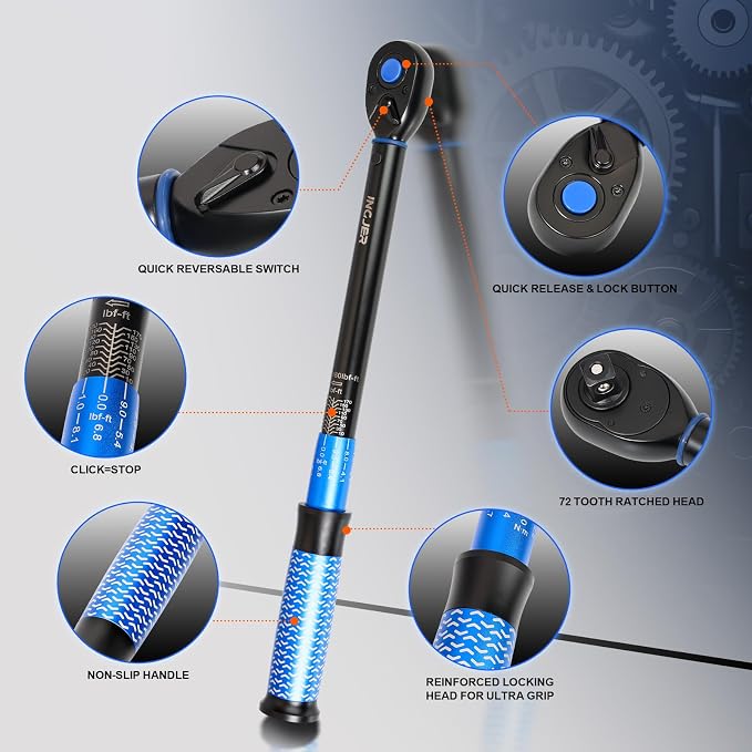 Torque Wrench 1/2, 10-180ft.lb, UPGRADE Torque Wrench Auto | 13.6 - 244.1Nm, ±3% Dual-Direction, 72 Tooth 1/2 torque wrench for Engine, Suspension & Spark Plug Maintenance