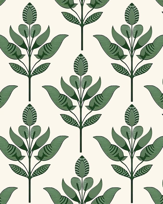 BOKEBEVE Boho Leaf Peel Stick Wallpaper Damask Beige Green 17.5 x 118In | Modern Symmetry Contact Paper Floral Wall Paper for Bedroom Accent Walls Laundry Nursery Pantry Renter Friendly Removable