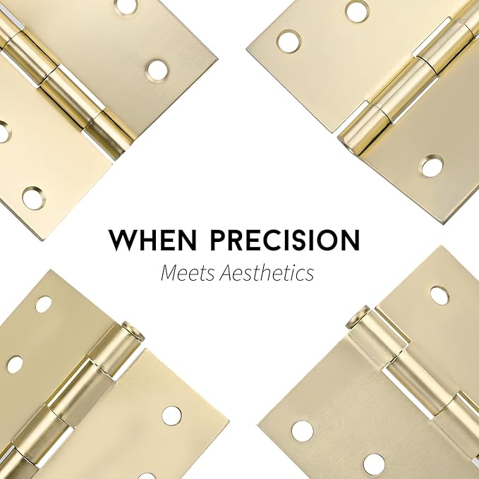 goldenwarm Pack of 3 4in Door Hinges Brushed Brass Gold Door Hinges Butt Hinges with Square Corners, Interior Door Hardware