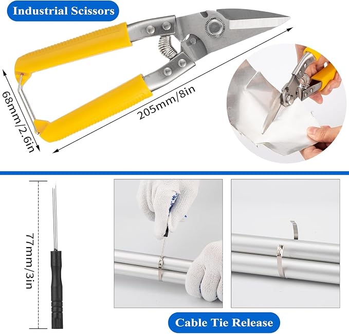 Stainless Steel Cable Tie Gun Set with Adjustable Tension Auto Cut Fastening Tool for Exhaust Pipe, Chain Link Fence, Auto Repair & Industrial Cable Binding (Extra Large 100PCS)