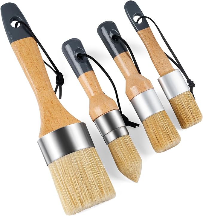 Mister Rui Chalk Paint Brush, 4 pcs Wax Paint Brush Set, Wax Brushes for Waxing and Stenciling, Natural Bristles Round Paint Brushes, Ideal for DIY Home Decor, Art Crafts