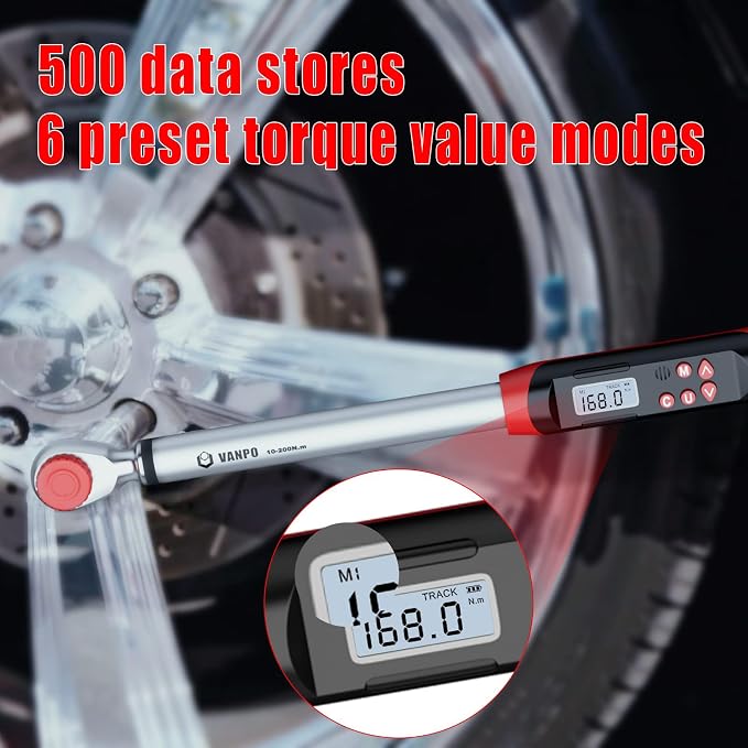VANPO Digital Torque Wrench 1/2-Inch Drive 7.38-147.5ft-lbs/10-200NM, Dual-Direction Adjustable Electronic Torque Wrench with Preset Value, Buzzer and LED Flash Notification, for Bike Moto Car