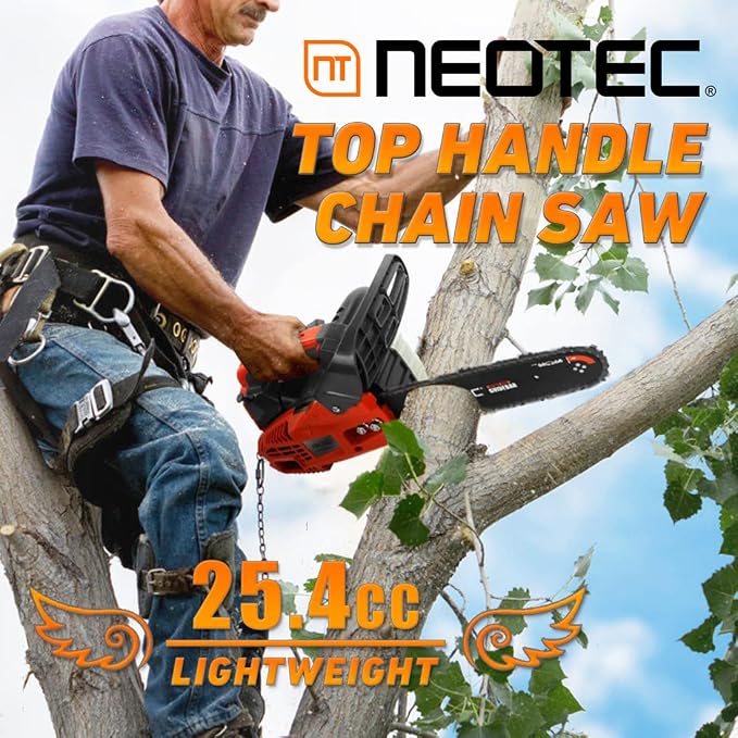 NEO-TEC 12 Inch Top Handle Gas Chainsaw 25.4cc 2-Stroke Portable Small Gas Powered Chain Saws Motosierra De Gasolina for Tree-climbing Tree Pruning Wood Cutting Firewood Preparation Yard Maintenance