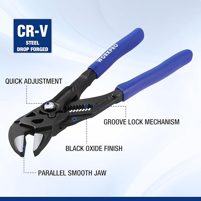 WORKPRO 7-Inch Pliers Wrench, High Lever Ratio Wrench Plier | CR-V Construction Adjustable Parallel Smooth Jaw Pliers, Black Finish, Groove Lock Mechanism
