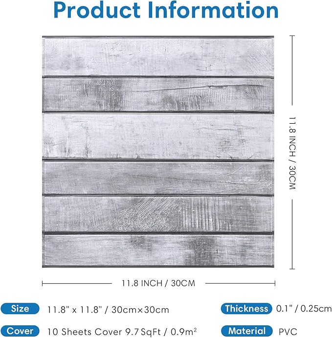 COMSTICKC Peel and Stick Faux Wood Wall Panels Shiplap Vintage Gray, 10 Pcs of 12" x 12", Not Real Wood, Thin PVC 3D Fake Wood Self-Adhesive Wall Covering Wallpaper for Interior Farmhouse Decor
