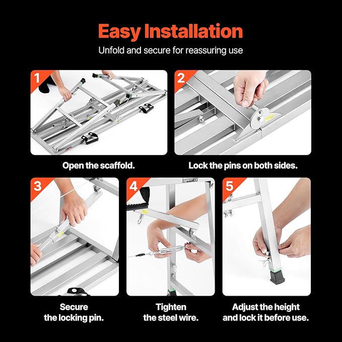 VEVOR Work Platform, 55"x 15" Portable Scaffolding Platform, Folding Steel Step Ladder Adjustable Height 27.5”-45.3”, 800 lbs Load Capacity, Non-Slip Drywall Painting Stool for Cleaning &Washing