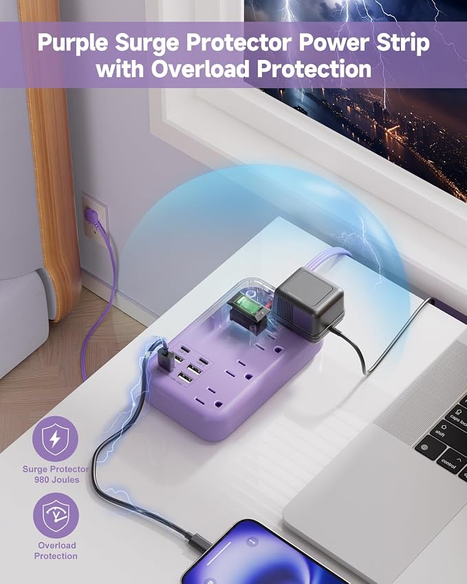 6 USB(2 USB C) Purple Travel Power Strip- 5Ft Lavender Extension Cord with 24W USB Charging Station and 4 Outlets, Purple Desk Accessories with Surge Protector for Cute Kawaii Office Dorm Room