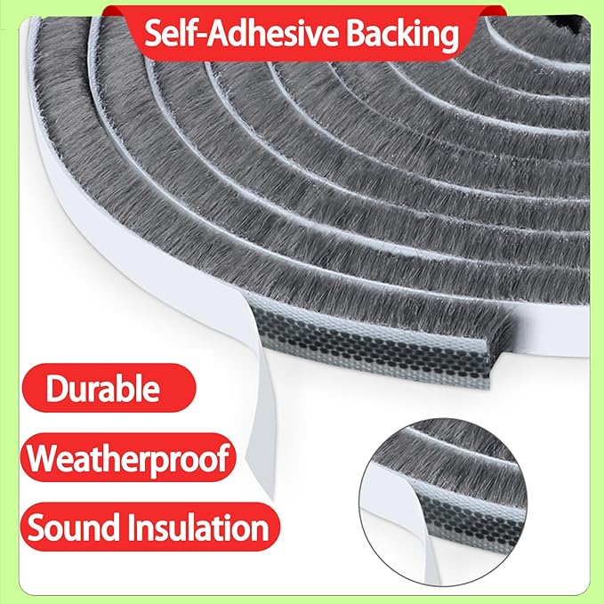 ZOMPAGO Strong Adhesive Brush Weather Stripping 2 Rolls 0.4in (T）x 0.4in (W) x 33FT, Door Seal for Sliding Windows & Doors,Soundproof Noise Blocker,Draft Stopper for Garage Door Frame & Exterior Doors