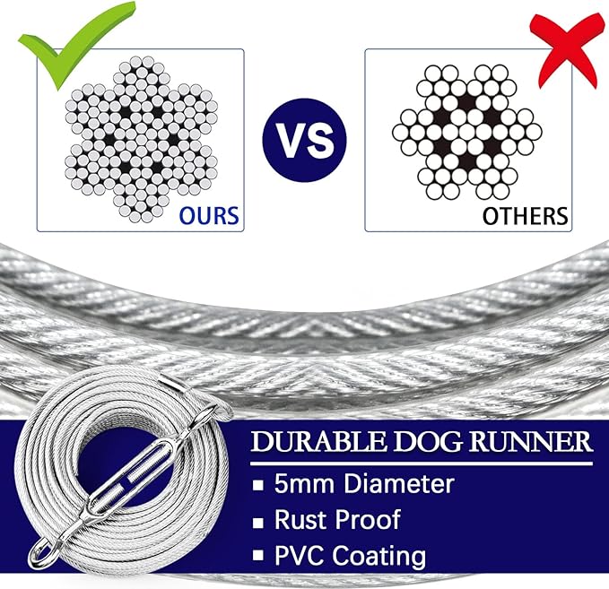 Dog Tie Out Runner for Yard,Trolley System for Large Dogs,Heavy Duty Dog Run Cable Lead 200ft with 10ft Pulley Runner Line for Small Medium and Large Dogs Up to 250lbs Running Outside Yard or Camping