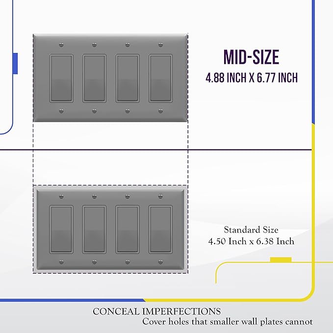 ENERLITES Quadruple Decorator Switch Cover, Four Gang Outlet Wall Plate, Gloss Finish, Mid-Size 4-Gang 4.88" x 8.58", Unbreakable Polycarbonate Thermoplastic, UL Listed, 8834M-GY, Gray