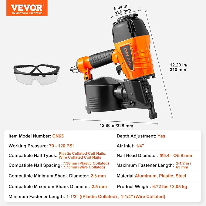 VEVOR Coil Siding Nailer CN65, 1-1/4" to 2-1/2" 15 Degree Pneumatic Siding Nail Gun with Tool-Less Depth Adjustment, 70-120PSI Air Coil Nailer for Siding, Pallet Sheathing, Wooding, Fencing, Decking