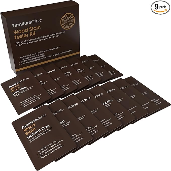 Furniture Clinic Wood Stain (Tester Kit) – Fast Drying, Highly Concentrated, and Easy-to-Apply Wood Stain for All Indoor & Outdoor Wood – Water Based & Non-Toxic – 9 x 15ml