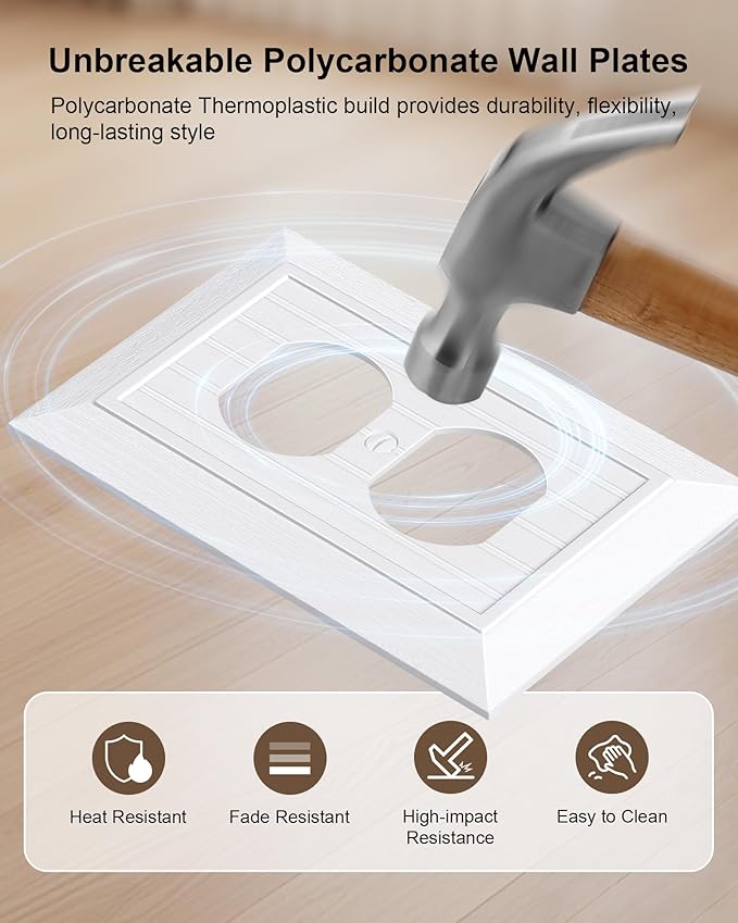6-Pack Classic Beadboard Duplex Outlet Cover Plate, Decorative Unbreakable Polycarbonate Switch Plates and Outlet Covers, Pure White Wall Plates for Electrical Outlets, 1 Gang Receptacle Cover