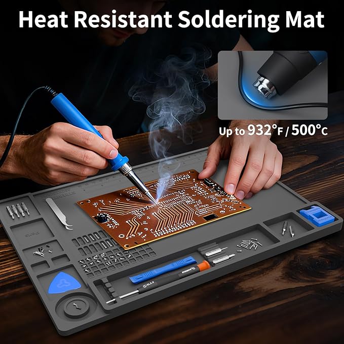 STREBITO Heat Resistant Silicone Soldering Mat up to 932°F, Silicone Work Mat Soldering Pad for Electronics Repair, Magnetic Mat for Watch, Phone, Tablet, Eyeglass, Knife, Size 13.8"x9.9" (Grey)