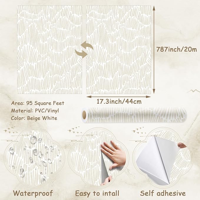 Theper Beige Striped Wall Paper Peel and Stick Wallpaper Modern 17.3"×787" Boho Removable Self Adhesive Wallpaper for Bedroom Waterproof White and Gold Contact Paper for Home Vinyl