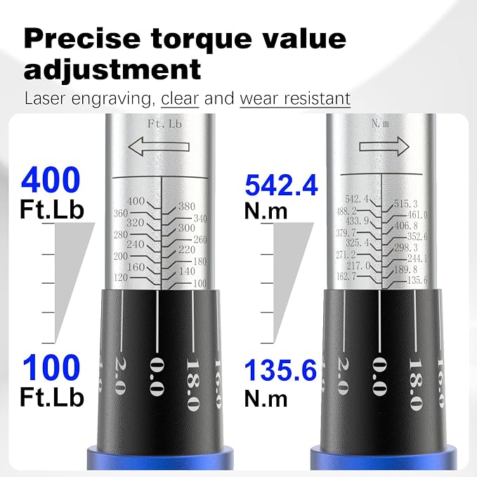 SuZhi 3/4'' inch drive 100-400 ft lb/136-542N.M Torque Wrench/Aluminum Alloy handle & Cr-Mo Material Head, Heavy Duty, Professional,Dual Direction, Store in Solid Case