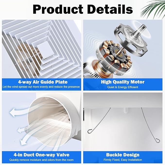 FEITON 110 CFM Bathroom Fan Exhaust Fan Ceiling Mount, 30W, 110V, 1.0 Sones, Square Quiet Ventilation, 4-in Duct, 8.8" x 8.8" Mounting Hole