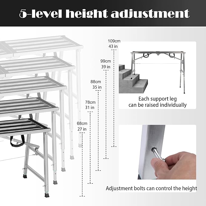 Folding Scaffolding Platform Steel Step Ladder Stool Height Adjustment 27-43"(H) Portable for Home Improvement, Drywall Painting, Maintenance at Height, Maximum Load 600lbs