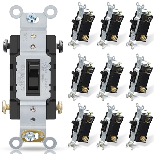 ELEGRP 4-Way Toggle Light Switch - 15A, 120-277V, Quiet Toggle Framed AC Switch - In-Wall On/Off, Self-Grounding, Residential/Commercial Grade, UL Listed (10 Pack, Glossy Black)