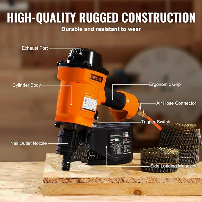 VEVOR Coil Siding Nailer MCN70, 1-3/4" to 2-3/4" 15 Degree Pneumatic Siding Nail Gun, 70-120PSI Air Coil Nailer for Pallet, Crating, Framing, Siding and Fencing