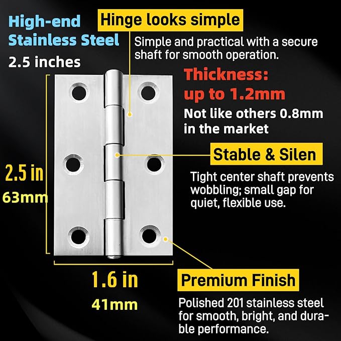 12 PCS 2.5 inch Door Hinge Thick Cabinet Hinge, High-end Stainless Steel Butt Hinges for Wood, Small Hinges Window Hinges Outdoor Hinges with 72 Mounting Screws, Silver