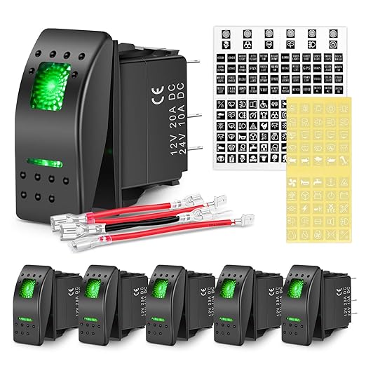 Nilight 6 Pack Rocker Switches with Night Glow Stickers 5 PIN SPST Rocker Switches with Green Backlit 12V/24V Toggle Switches for Cars Trucks RVs Boats Auto Motorcycles,2 Years Warranty