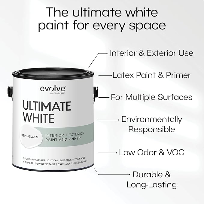 EVOLVE Ultimate White Paint & Primer in One, Semi-Gloss White, 1 Quart – Interior & Exterior, One-Coat Coverage, Excellent Hide, Low Odor, Low VOC, Washable Paint for Walls, Ceilings & Trim