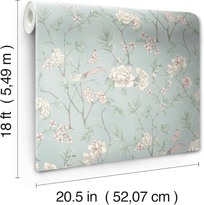 NuWallpaper Chinoiserie Garden Robins Egg Peel and Stick Wallpaper, Removable Wallpaper, 20.5 in x 18 ft