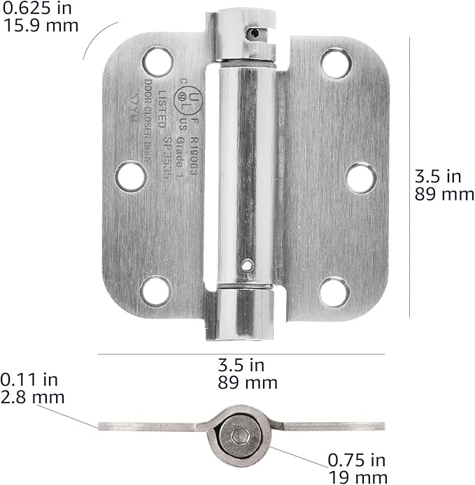 Amazon Basics Self-Closing Door Hinge, 3.5 Inch x 3.5 Inch, 5/8-Inch Radius, Satin Nickel, 1-Piece, Hardware Included