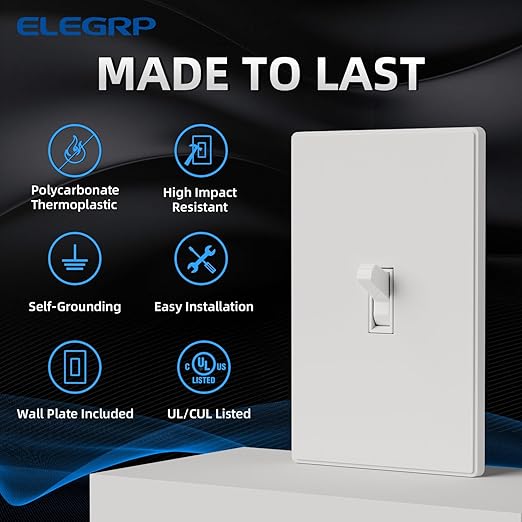 ELEGRP 3 Way Glossy Toggle Light Switch with Matte Mid Screwless Matte Plate, 15A 120V, Toggle Framed AC Quiet Switch, In Wall On/Off, Self-Grounding, Residential Grade, UL (5 Pack, White)