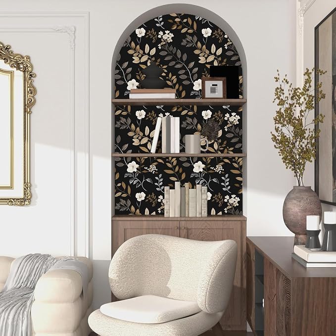 Floral Leaf Vintage Wallpaper Peel and Stick 17.5"x393", Black Gold | Self Adhesive/Removable/Waterproof/Thick Vinyl Contact Paper for Bathroom Bedroom Shelf Cabinet Drawer,Prepasted,Easy Peel