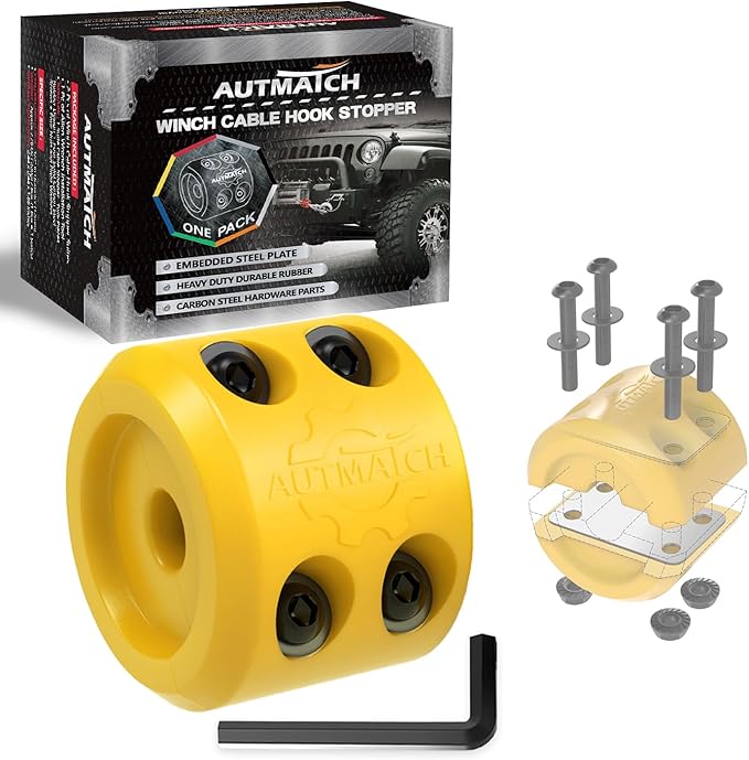 AUTMATCH Winch Cable Hook Stopper (1 Pack), Silicone Rubber Winch Stopper for Wire & Synthetic Rope, Winch Line ATV UTV, Shock Absorbent, Prevent Pulling Bounce and Abrasion, Yellow