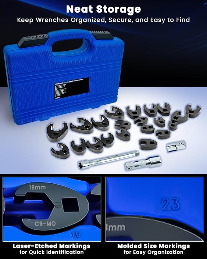 SIXIWANZI Crowfoot Wrench Set, 24pc Flare Nut 8-32mm 3/8" 1/2" Drive | 8-32mm CR-MO steel, black phosphate coated, ratchet torque ready, 2 bars adapter organizer case for auto repair