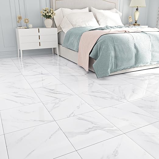 WESTICK White Marble Peel and Stick Floor Tile Bathroom Self Adhesive Floor Tiles Peel and Stick Waterproof Kitchen Flooring Tiles Removable Marble Tile for Bedroom Living Room Camper 5 Pcs 12" x 12"