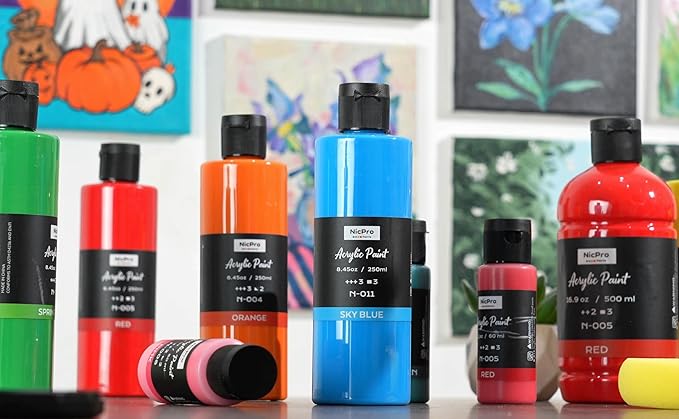 Nicpro 18 Colors Large Acrylic Paint Set, 8.45oz/250 ml Artist Painting Supplies Bulk Non-Toxic For Multi Surface Canvas Wood Fabric Leather Cardboard Paper Crafts Rock Window Hobby with Color Wheel