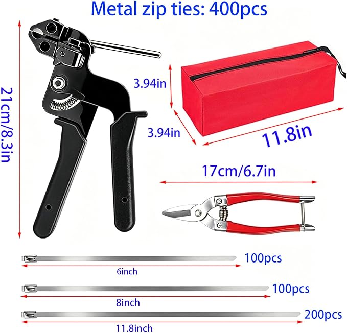 Heavy metal cable ties, 400 pcs metal cable tie gun set, 6/8/11.8in 304 stainless steel material, multifunctional self-locking cable tie tool set, suitable for fences, farms, cables, pipelines, etc