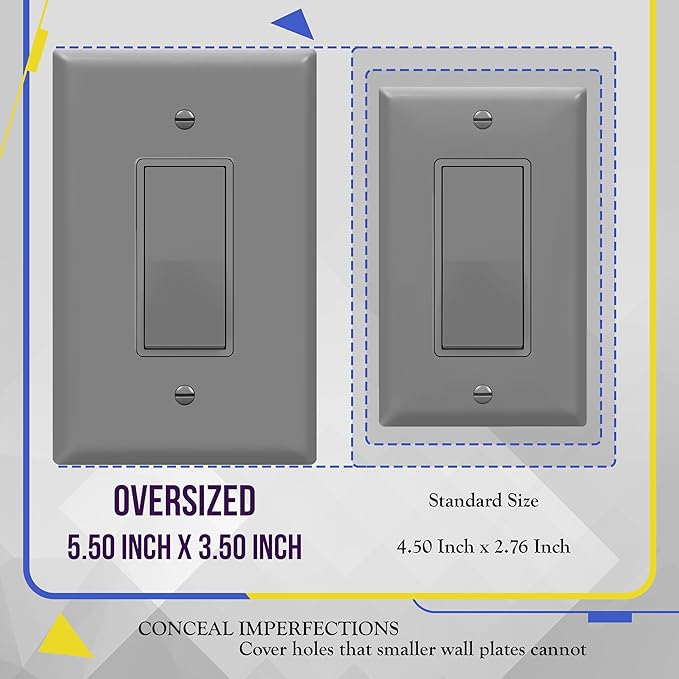 ENERLITES Decorator Light Switch or Receptacle Outlet Wall Plate, Gloss Finish, Oversized 1-Gang 5.5" x 3.5", Unbreakable Polycarbonate Thermoplastic, UL Listed, 8831O-GY, Gray