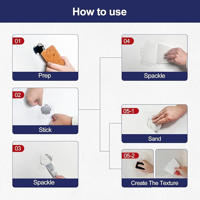BONCART 8.6oz Drywall Patch Repair Kit - Professional All-in-1 Tool Set (Scrapers/Sandpaper/Texture Sponge/Gloves/ Aluminum Patches) for Fast Wall Hole Repair