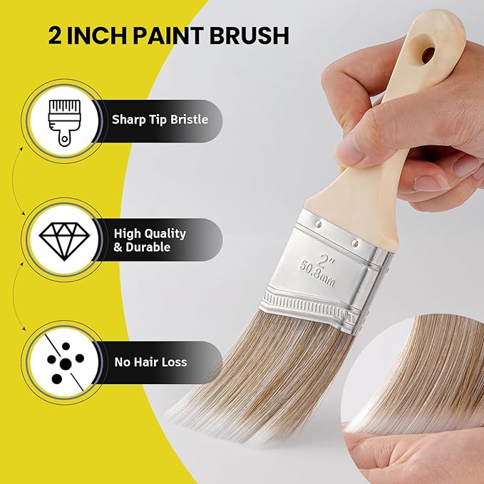 Mister Rui 3-Pack 2 Inch Angled Paint Brushes, Short Handle Professional Sash Brushes for Trim, Cabinets & Furniture, Smooth Finish for Oil & Latex Paint