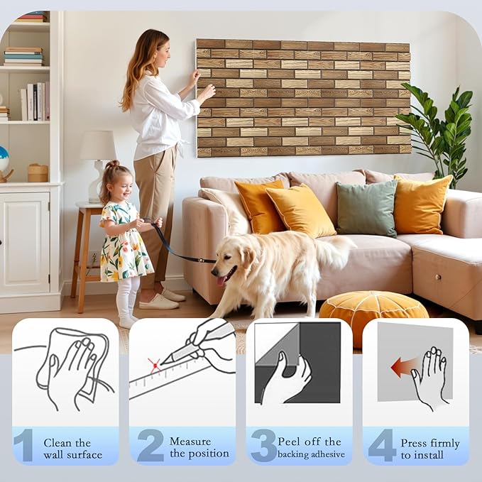 12Pack Acoustic Panels, 12"×12"×0.4" Self-Adhesive 3D Brick Pattern Sound Proof Panels for Walls, High Density Decorative Acoustic Foam for Recording Studios, Offices, Faux Wood Grain Print