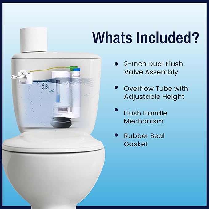 2-Inch Dual Flush Toilet Valve Conversion Kit with Handle & Overflow, Water Saver, Flapper-Free Design Eliminates Leaks, Two Flush Options, Tool-Free Easy Installation
