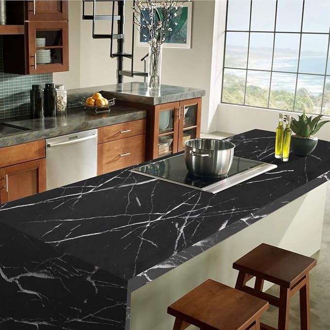 practicalWs 17.71" x 78.7" Marble Contact Paper Black/White Peel and Stick Wallpaper Thicken Self Adhesive Black Wallpaper for Countertops Cabinets Decorative Easy to Remove Upgrade
